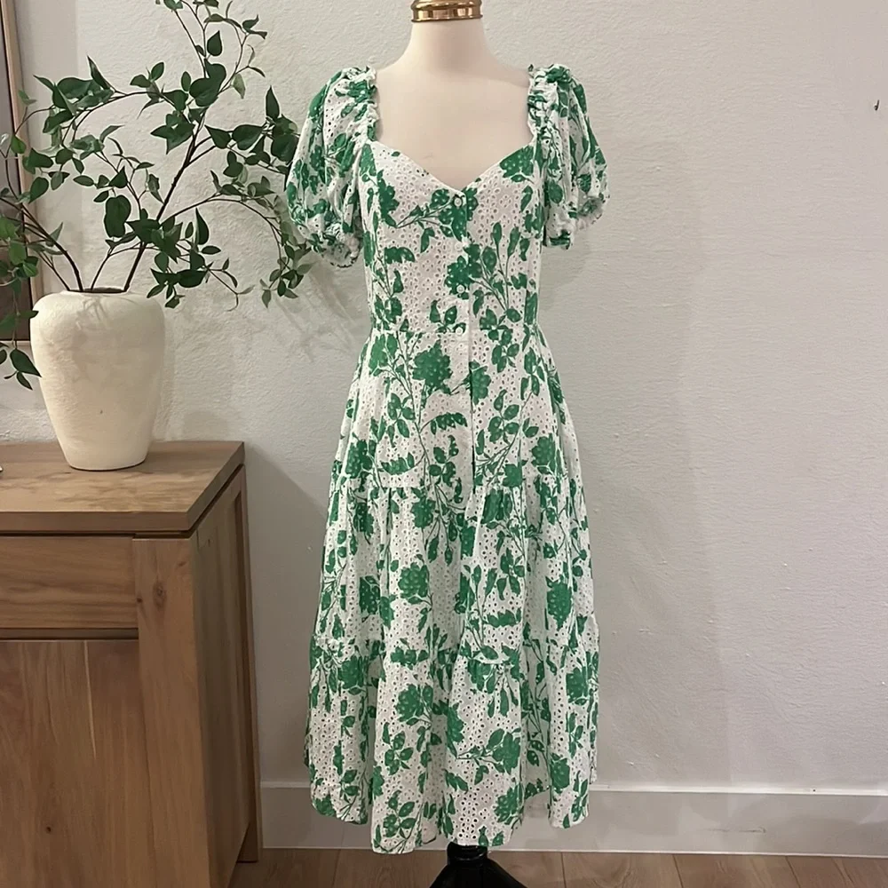 Rachel Parcell | Stencil Floral Eyelet Puff Sleeve Midi Dress Foliage Green - Picture 4 of 12